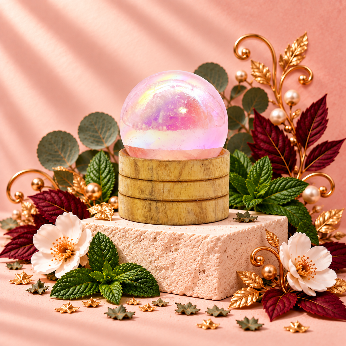 Pink Aura Crystal Sphere with Wooden Stand