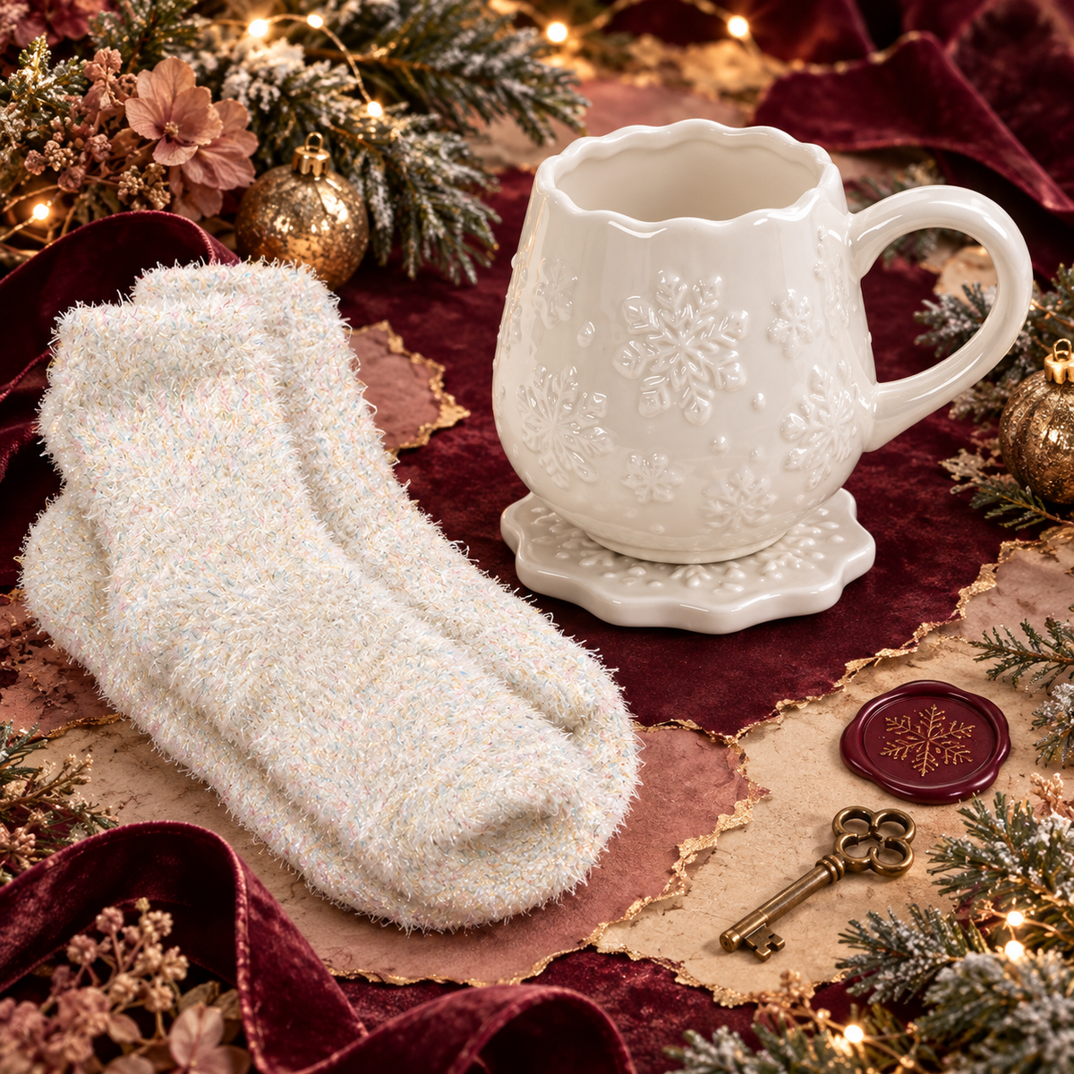 Iridescent Snowflake Mug, Coaster and Socks Set