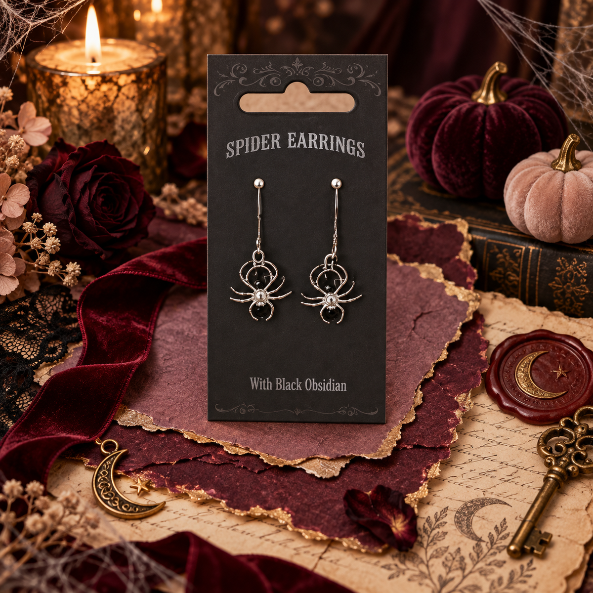 Black Obsidian Spider Threader Earrings