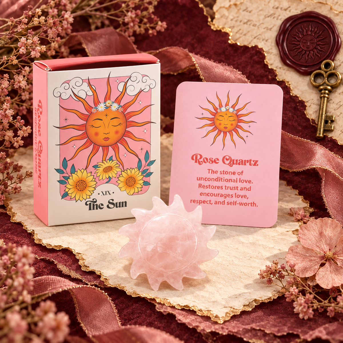 Rose Quartz Crystal Sun Keepsake Stone in a Box